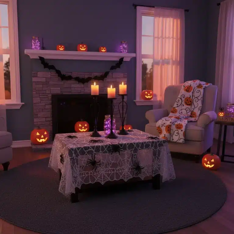 Stylish and affordable Halloween living room decor under $100 for 2026, featuring subtle spooky elements.