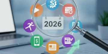 Digital subscription icons being audited with a magnifying glass for 2026 savings