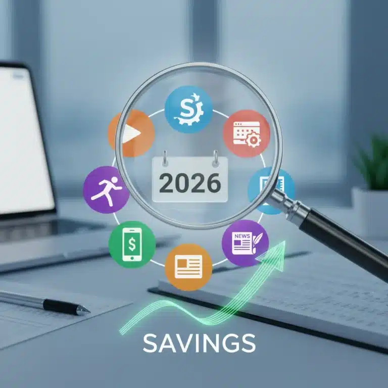 Digital subscription icons being audited with a magnifying glass for 2026 savings