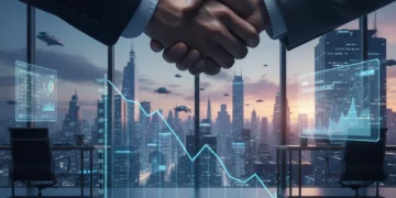 Hands shaking over a downward trending graph, symbolizing successful price negotiation in 2026.