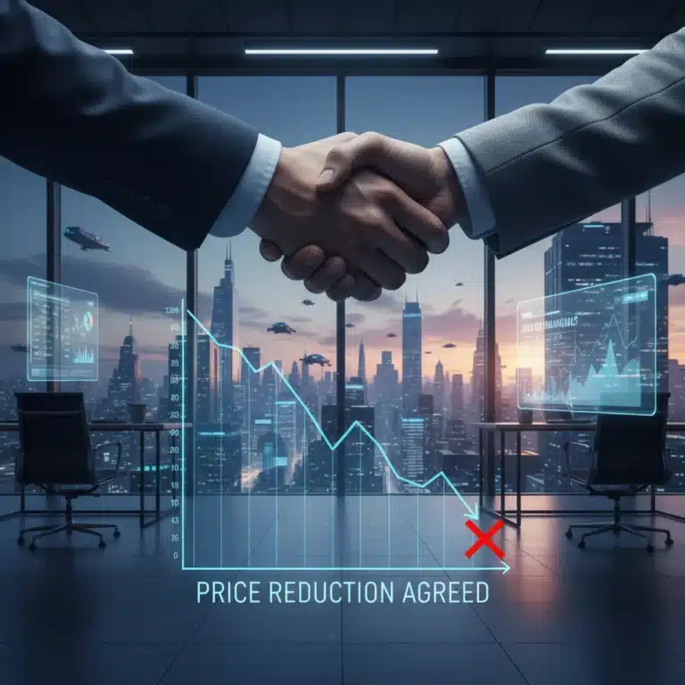 Hands shaking over a downward trending graph, symbolizing successful price negotiation in 2026.
