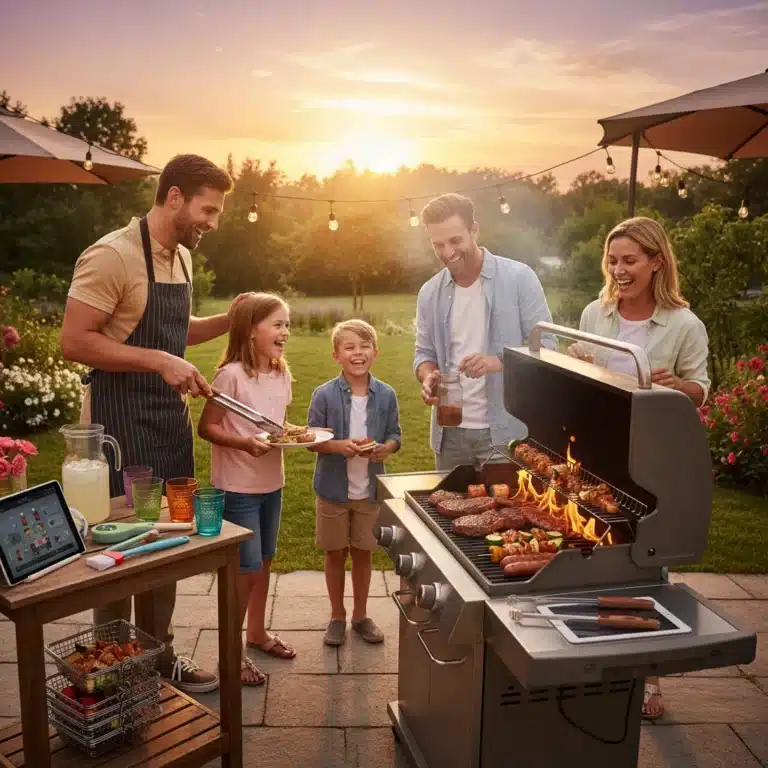 Family enjoying outdoor grilling with modern BBQ accessories in summer 2026