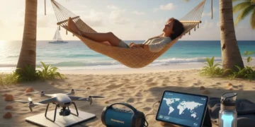 A person relaxing on a beach with modern summer travel gadgets for 2026, including a drone and portable charger.