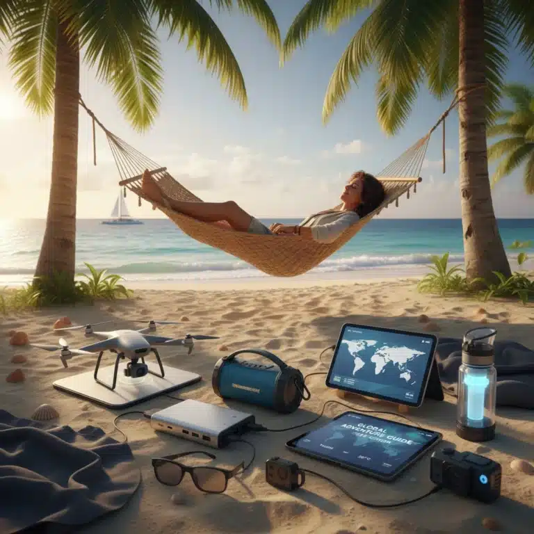 A person relaxing on a beach with modern summer travel gadgets for 2026, including a drone and portable charger.