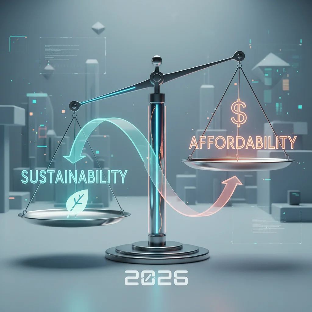 Balance scale illustrating the dynamic interplay between sustainability and affordability for consumers.