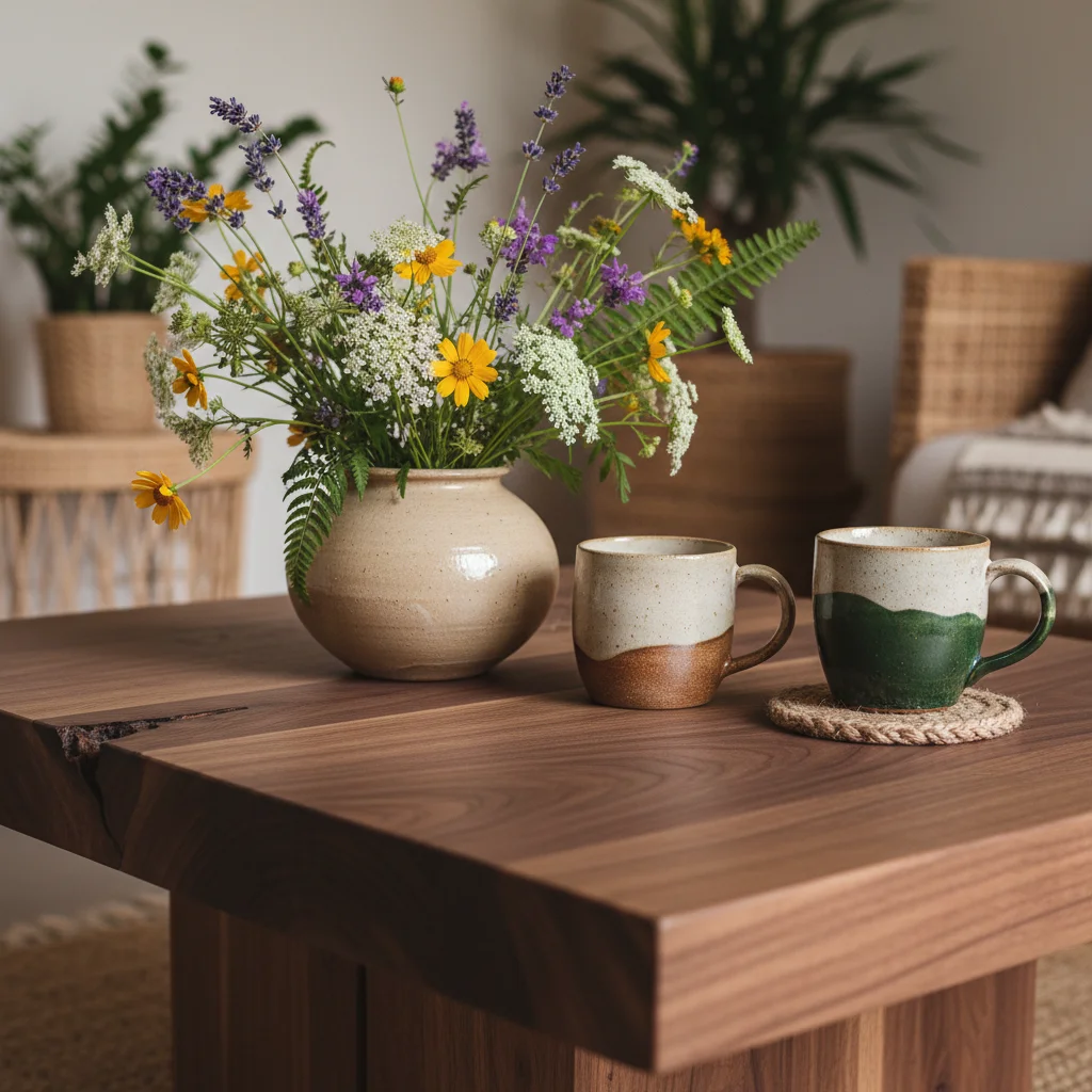 Sustainable wooden coffee table with wildflowers, representing eco-friendly decor