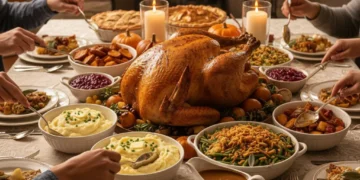 Thanksgiving dinner table with roasted turkey and side dishes, ready for a festive meal.