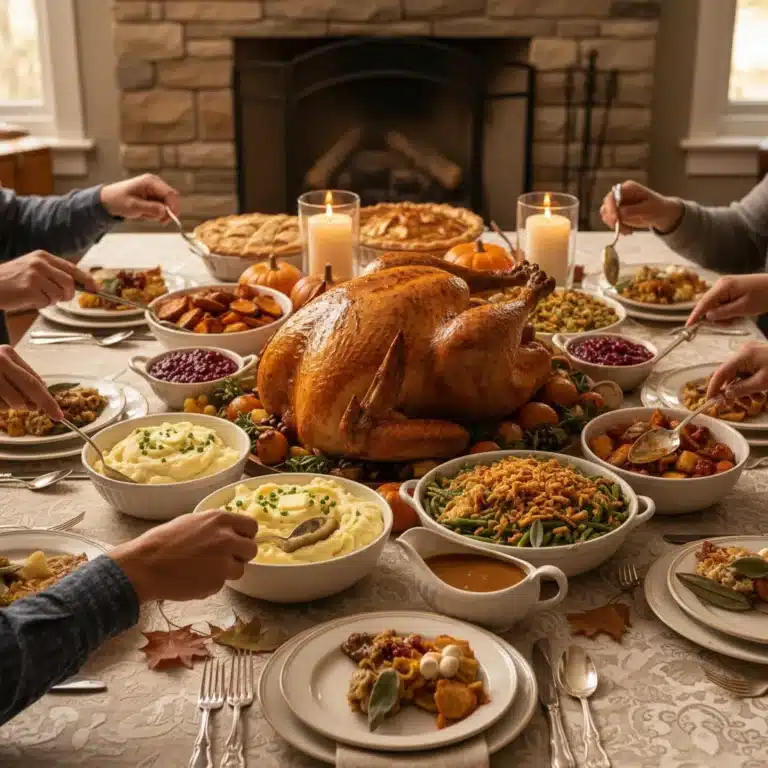 Thanksgiving dinner table with roasted turkey and side dishes, ready for a festive meal.