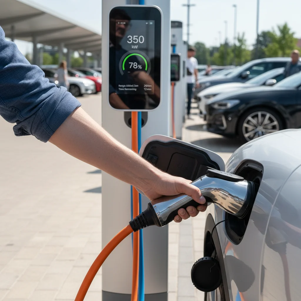 Ultra-fast DC electric vehicle charging connector being plugged into an EV at a public station.