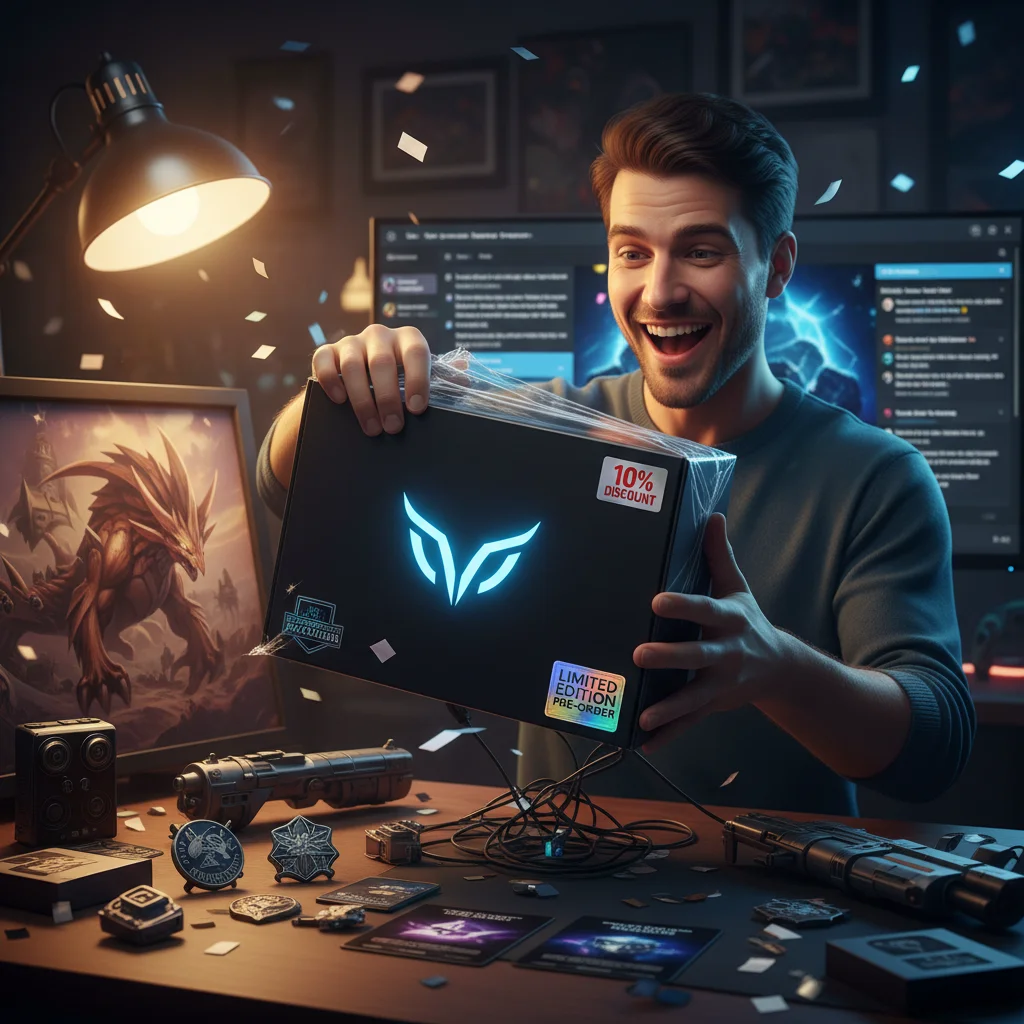 Person unboxing a pre-ordered tech gadget with a 10% discount, surrounded by bonus items.