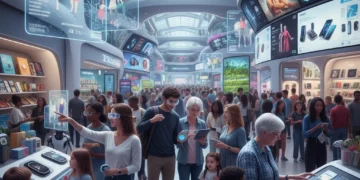 Diverse American consumers making purchasing decisions in a modern, vibrant marketplace with many product options.