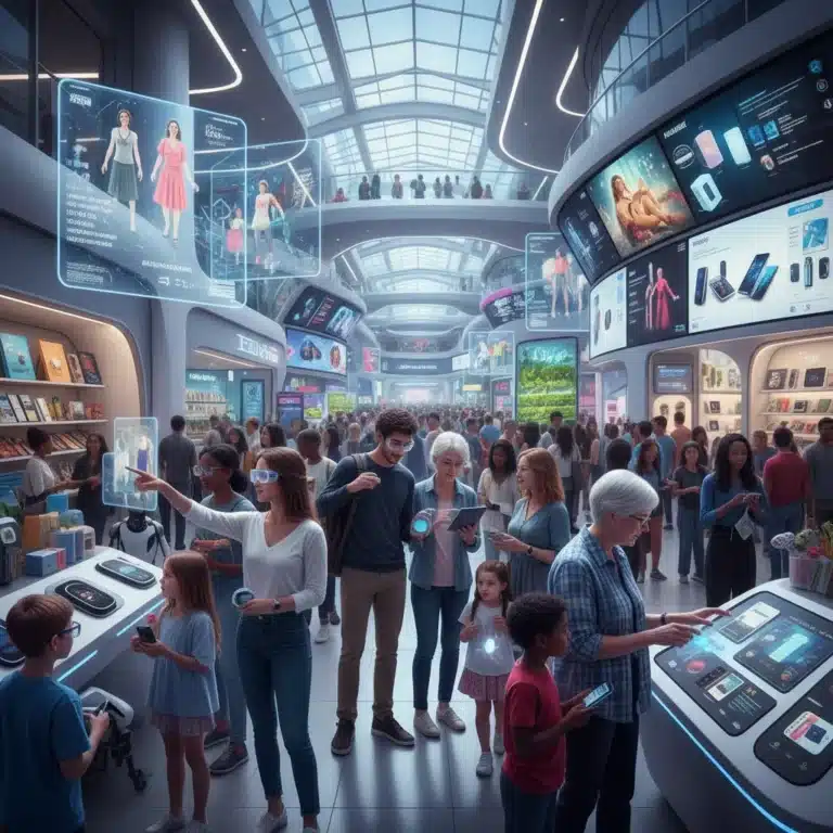 Diverse American consumers making purchasing decisions in a modern, vibrant marketplace with many product options.