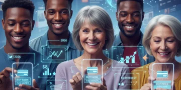 Buy Now Pay Later: US Consumer Trends 2026 US consumers embracing Buy Now, Pay Later options on their smartphones for online shopping, illustrating modern financial trends and digital commerce.
