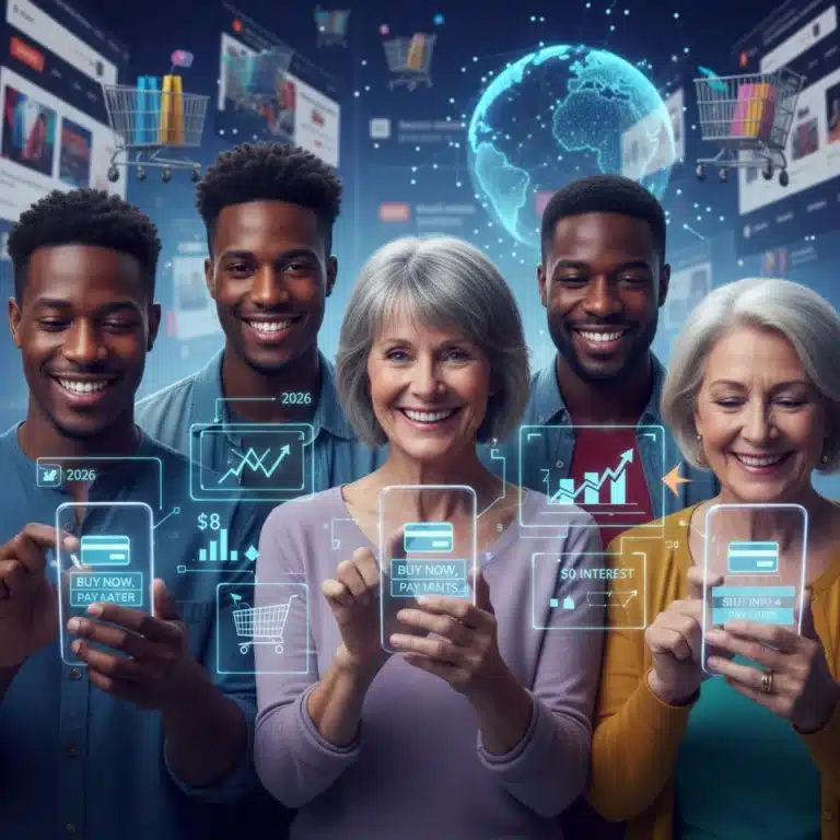 US consumers embracing Buy Now, Pay Later options on their smartphones for online shopping, illustrating modern financial trends and digital commerce.