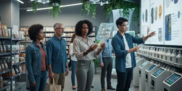 Diverse US consumers evaluating products in a futuristic retail setting, symbolizing evolving value.