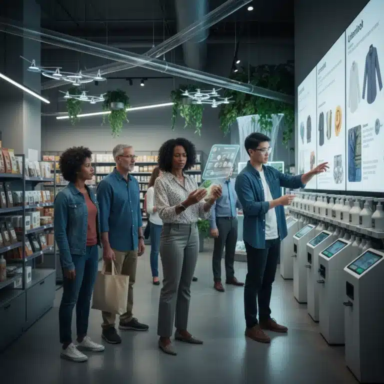 Diverse US consumers evaluating products in a futuristic retail setting, symbolizing evolving value.