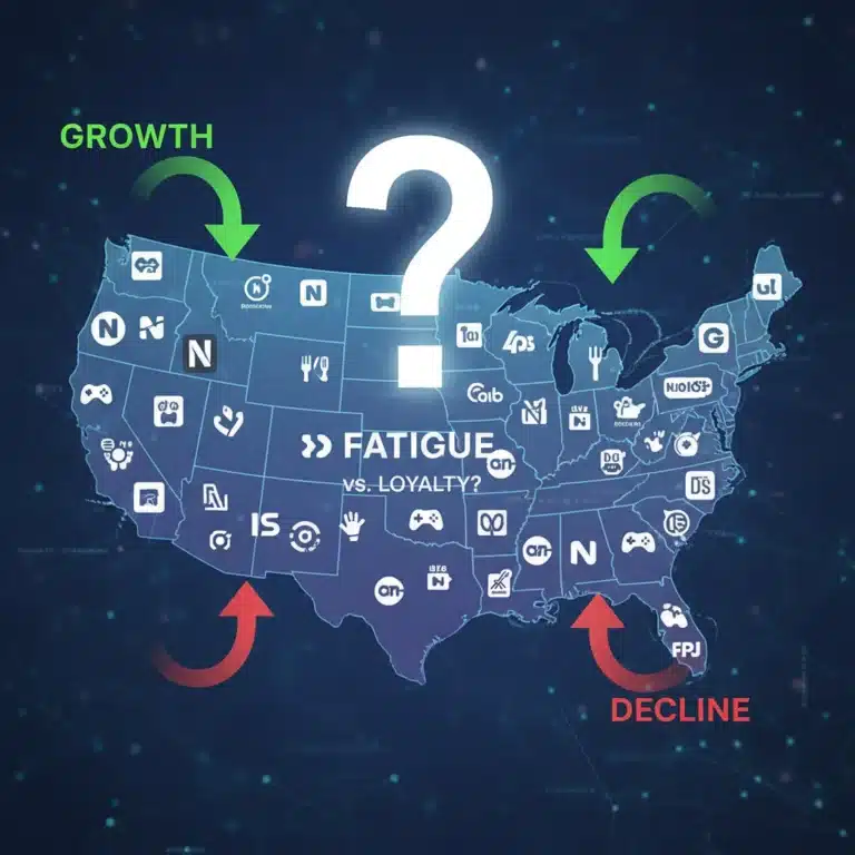 US map with subscription service logos and arrows indicating market trends, symbolizing subscription economy dynamics.