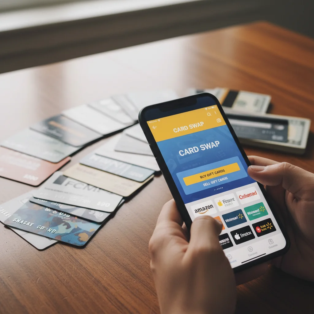 Person using a smartphone for gift card marketplace transactions.