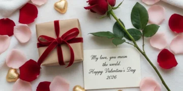 Thoughtful Valentine's Day gift ideas under $60, featuring a wrapped present and rose.