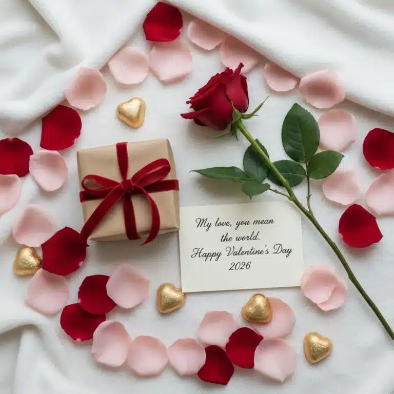 Thoughtful Valentine's Day gift ideas under $60, featuring a wrapped present and rose.