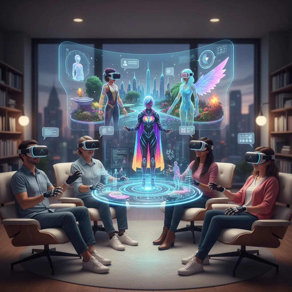Diverse US consumers in VR headsets collaborating in a virtual meeting.