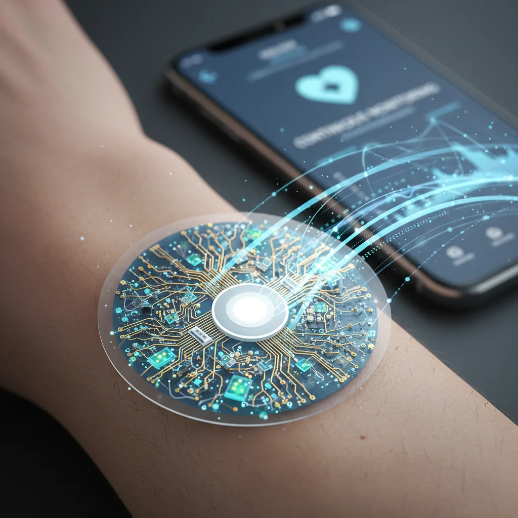 Wearable health patch with integrated sensors on skin, transmitting data