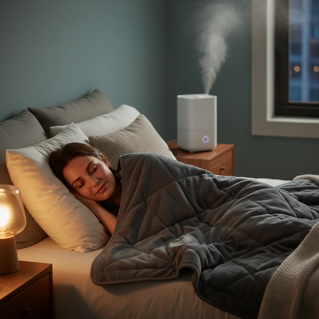 Person relaxing under a weighted blanket with a humidifier