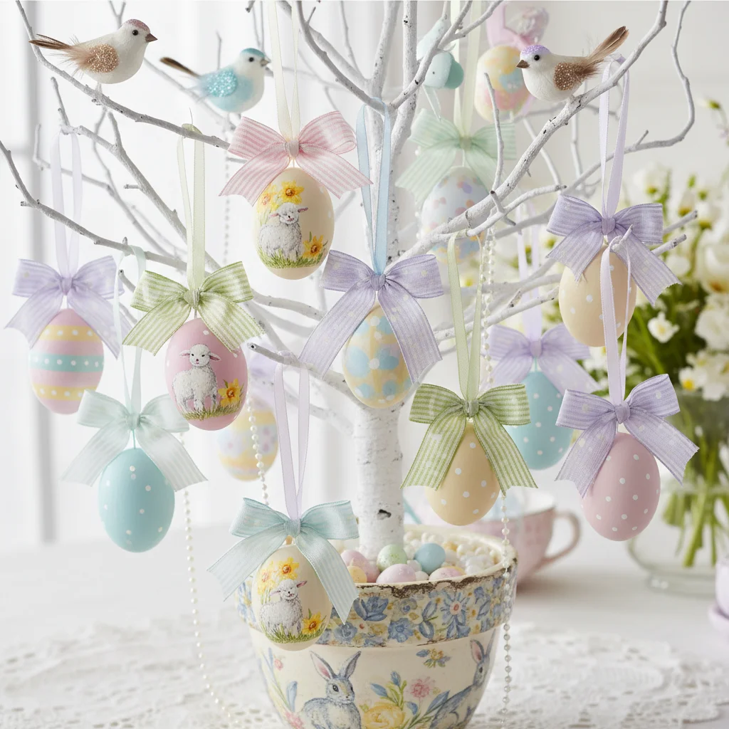 Whimsical Easter tree centerpiece with hand-painted egg ornaments and ribbon bows