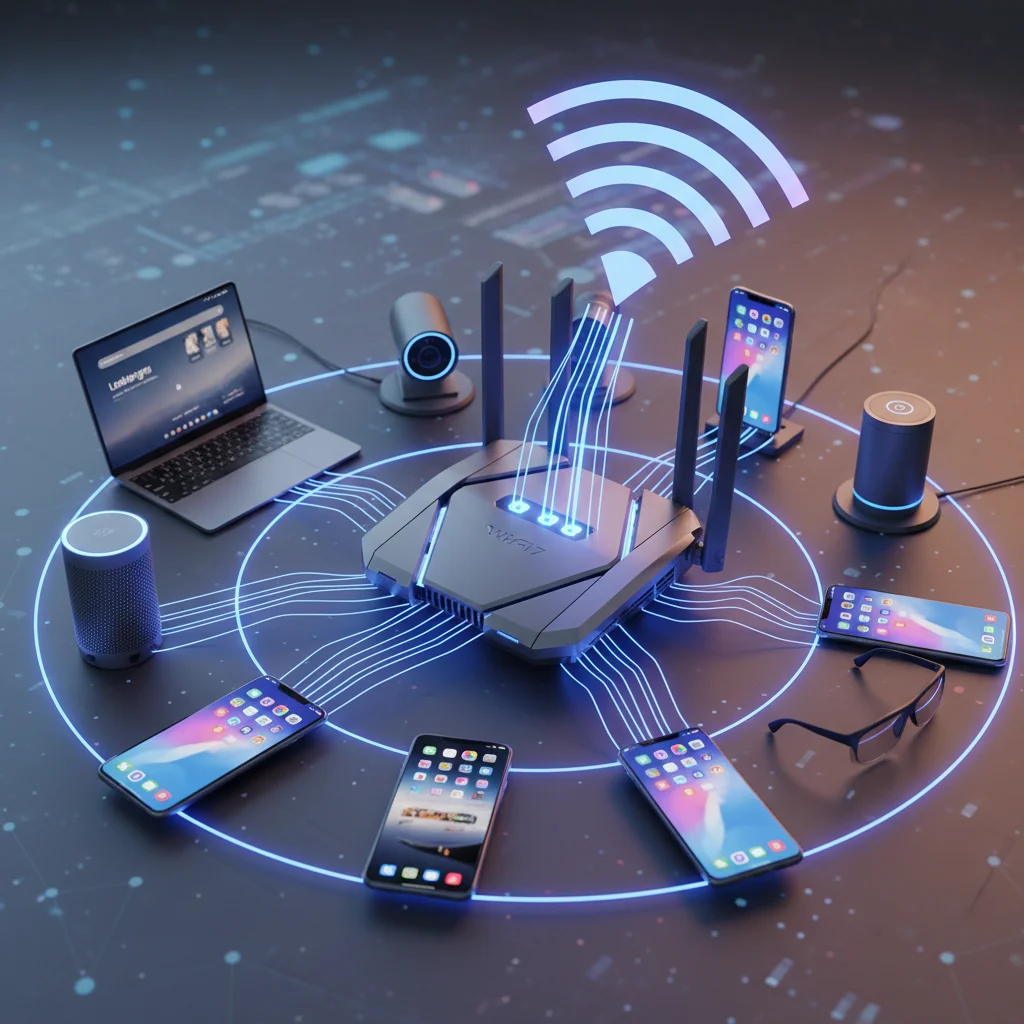 Advanced Wi-Fi 7 router with multiple antennas broadcasting strong wireless signal to connected devices