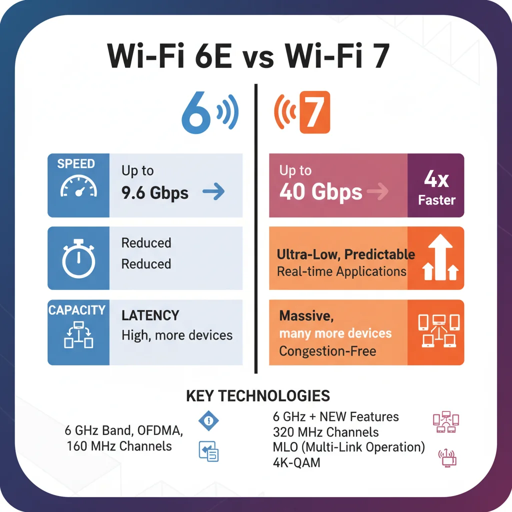 Infographic comparing Wi-Fi 6E and Wi-Fi 7 capabilities