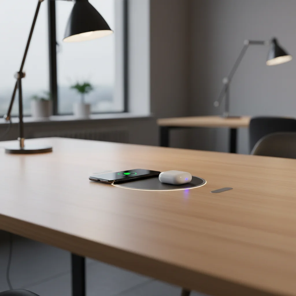 Wireless charging pad integrated into a smart desk