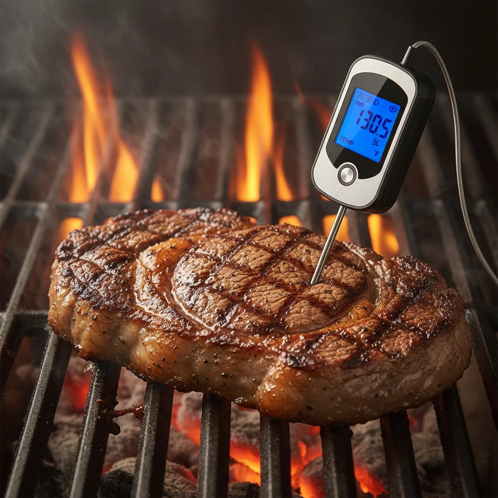 Wireless meat thermometer accurately measuring steak temperature on grill