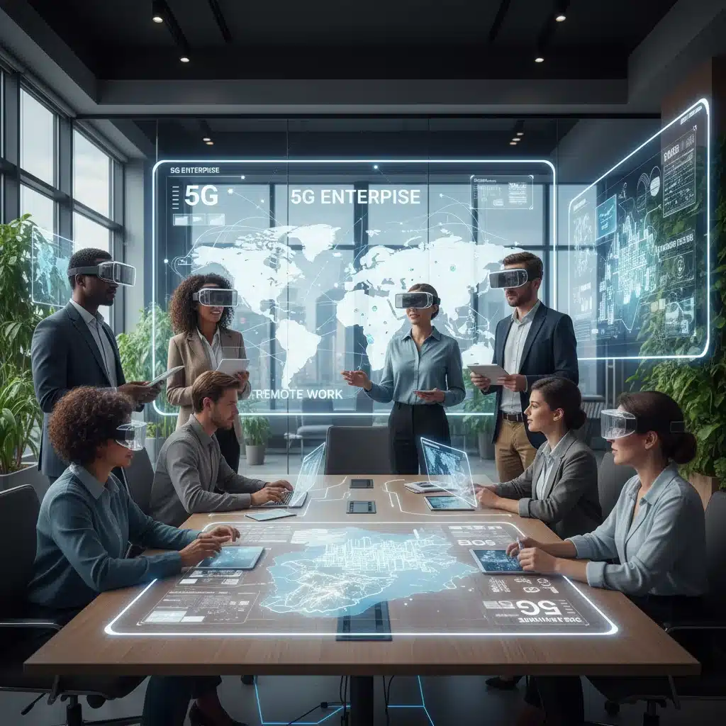 Professionals using AR and holographic displays in a smart office, showcasing 5G's impact on enterprise.