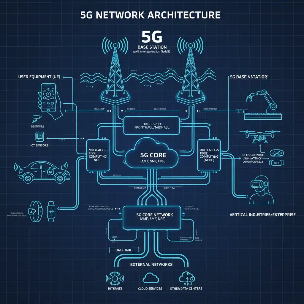 Detailed 5G network architecture diagram showing base stations, edge computing, and connected devices.