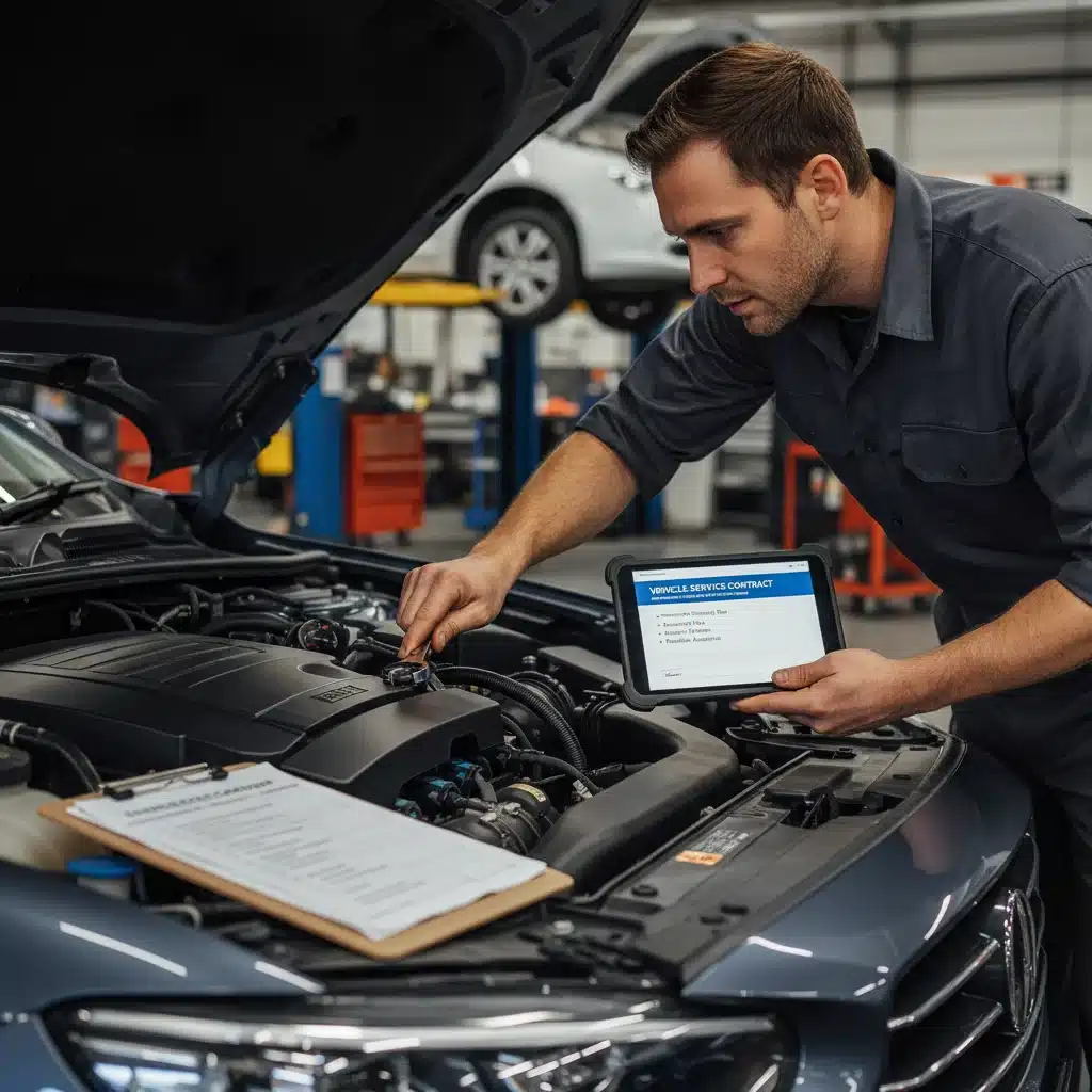 Car mechanic with service contract for automotive extended warranty