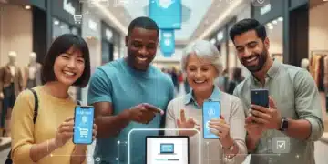 Consumers using buy now pay later on smartphones in a store