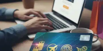 Credit card with reward symbols, person shopping online, symbolizing financial savings