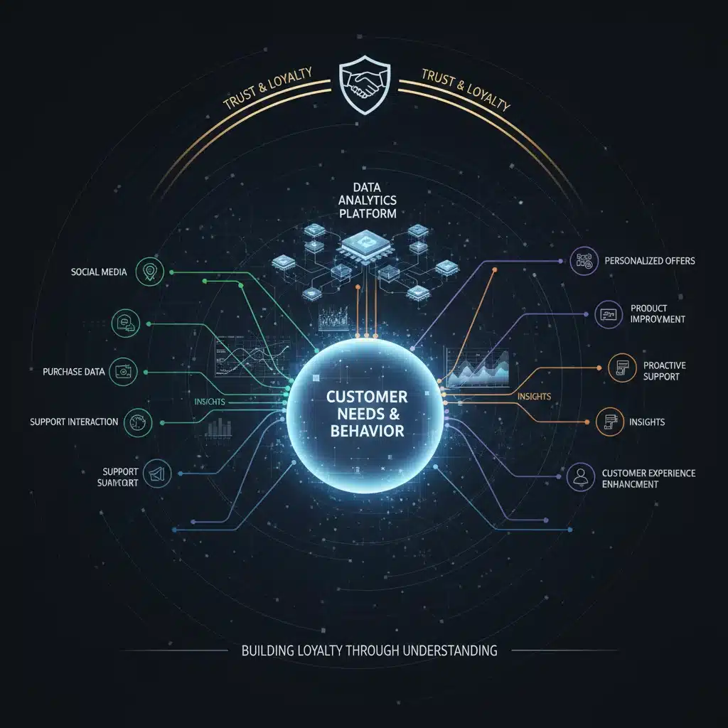 Abstract visualization of data analytics and customer feedback, emphasizing loyalty building.