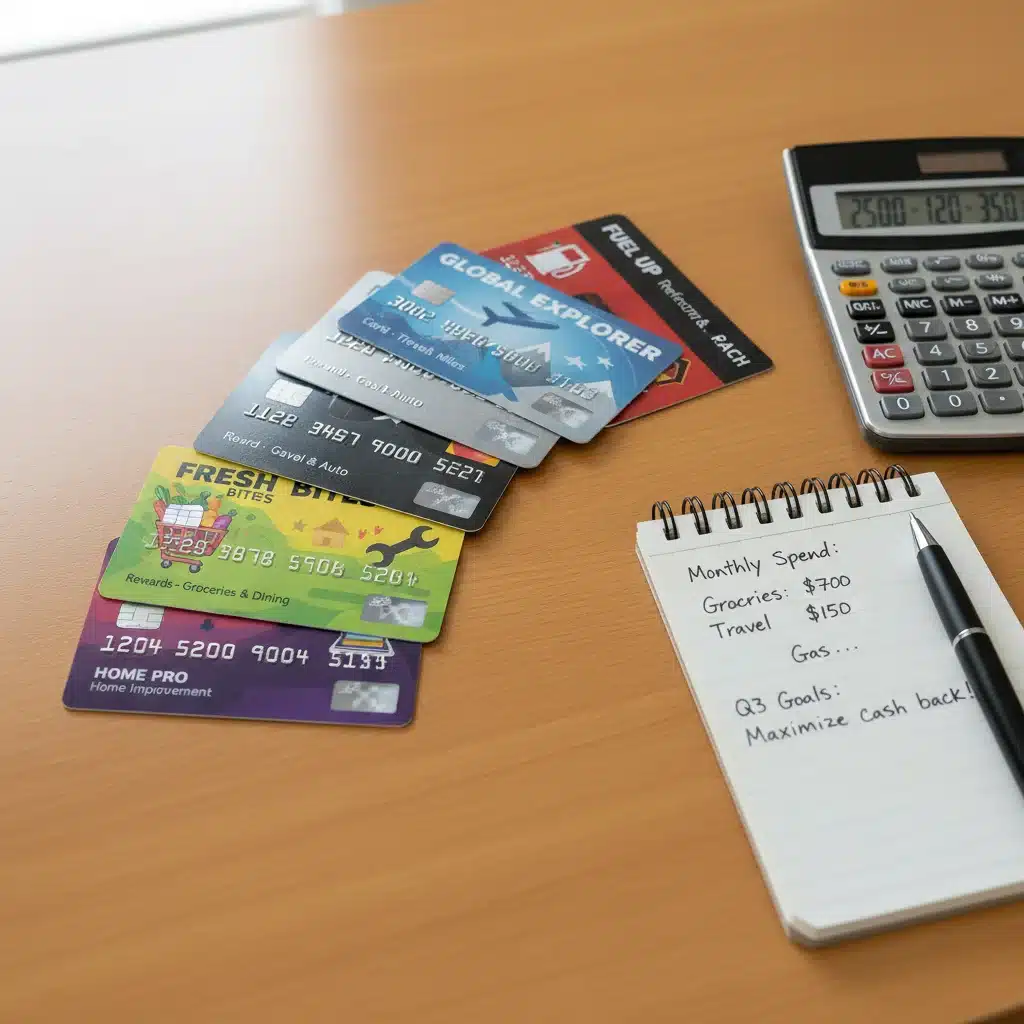 Variety of credit cards for different reward categories, financial planning tools