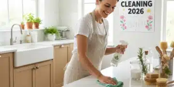 Person cleaning kitchen counter with eco-friendly spray, surrounded by natural cleaning products for spring cleaning.
