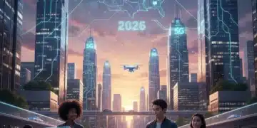Futuristic cityscape with 5G network symbols connecting mobile devices in 2026 United States.