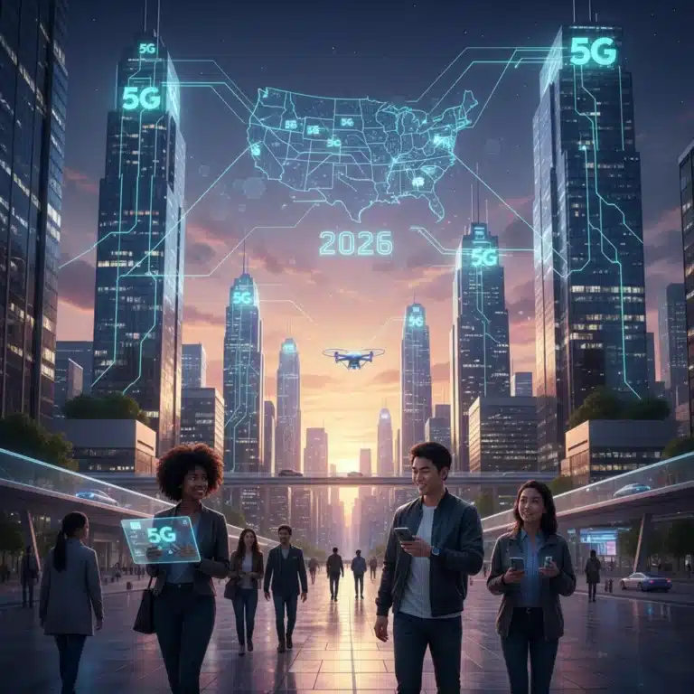 Futuristic cityscape with 5G network symbols connecting mobile devices in 2026 United States.