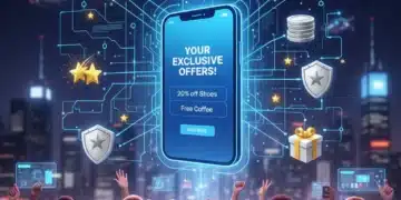 Futuristic loyalty program interface with personalized rewards and happy consumers