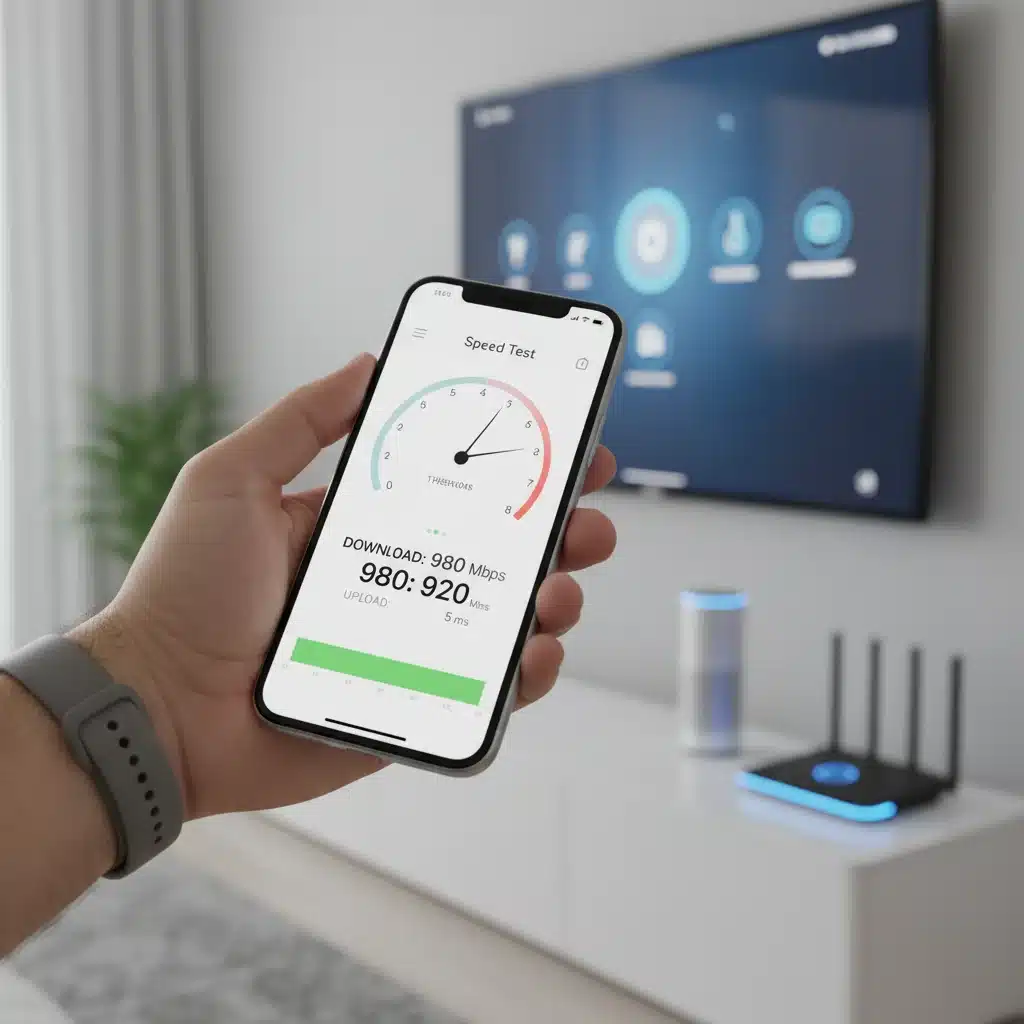 Smartphone displaying high internet speed test results in a smart home