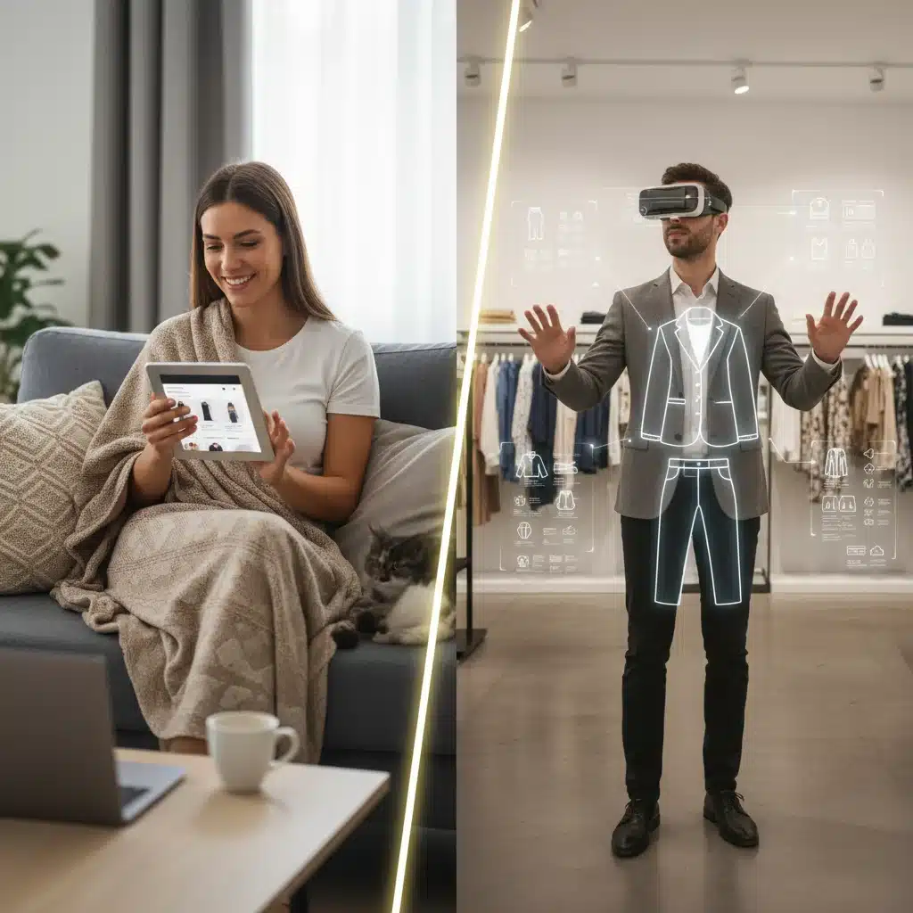 Hybrid shopping experience showing online and AR-enhanced in-store shopping.