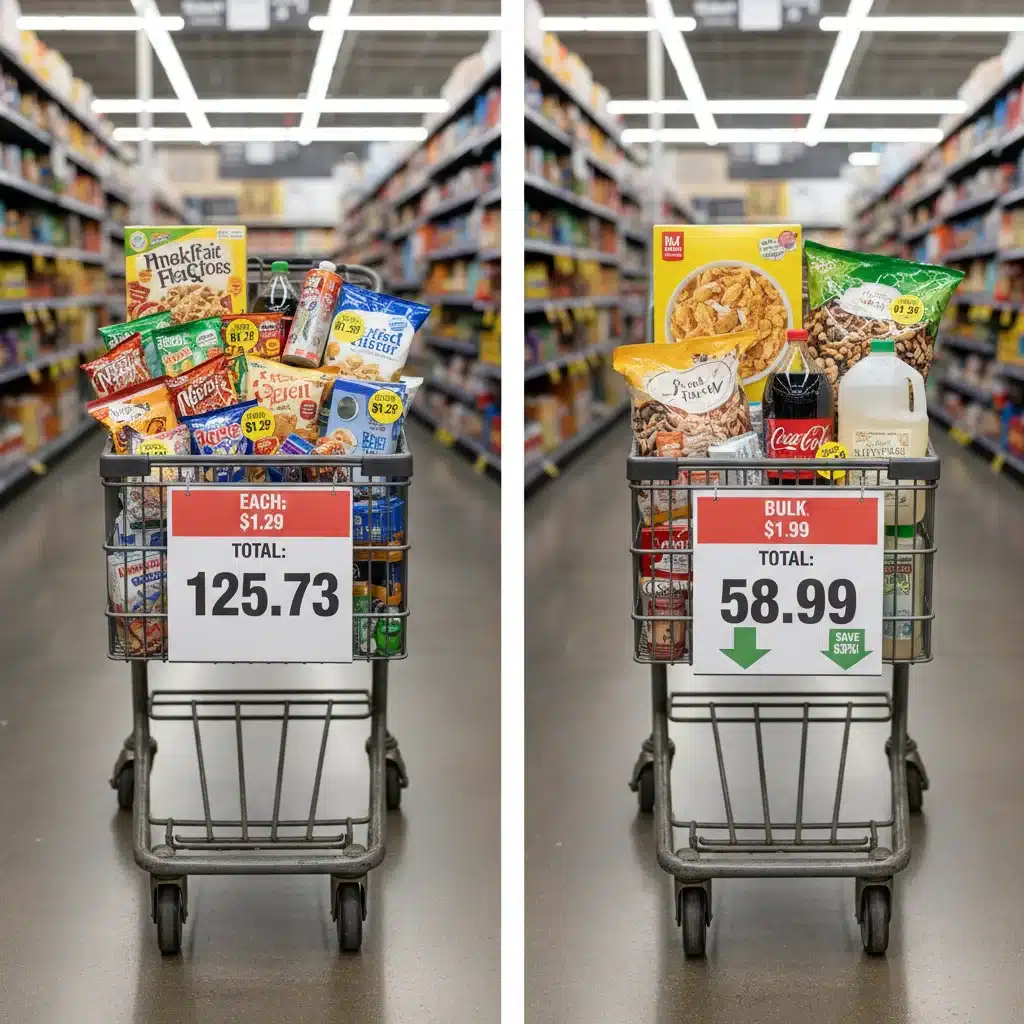 Comparison of individual vs bulk purchase carts showing savings