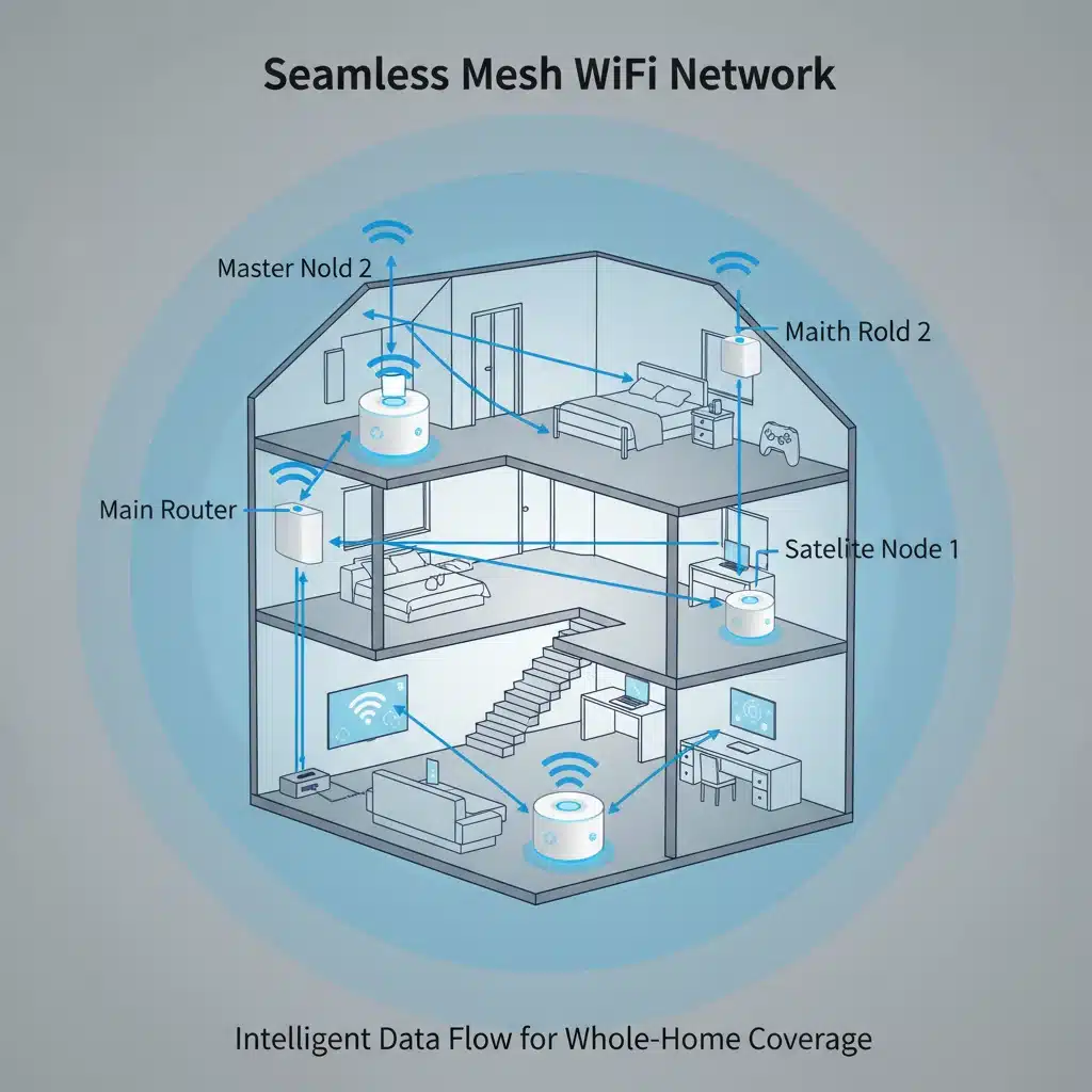 Diagram showing mesh WiFi network coverage in a multi-story home