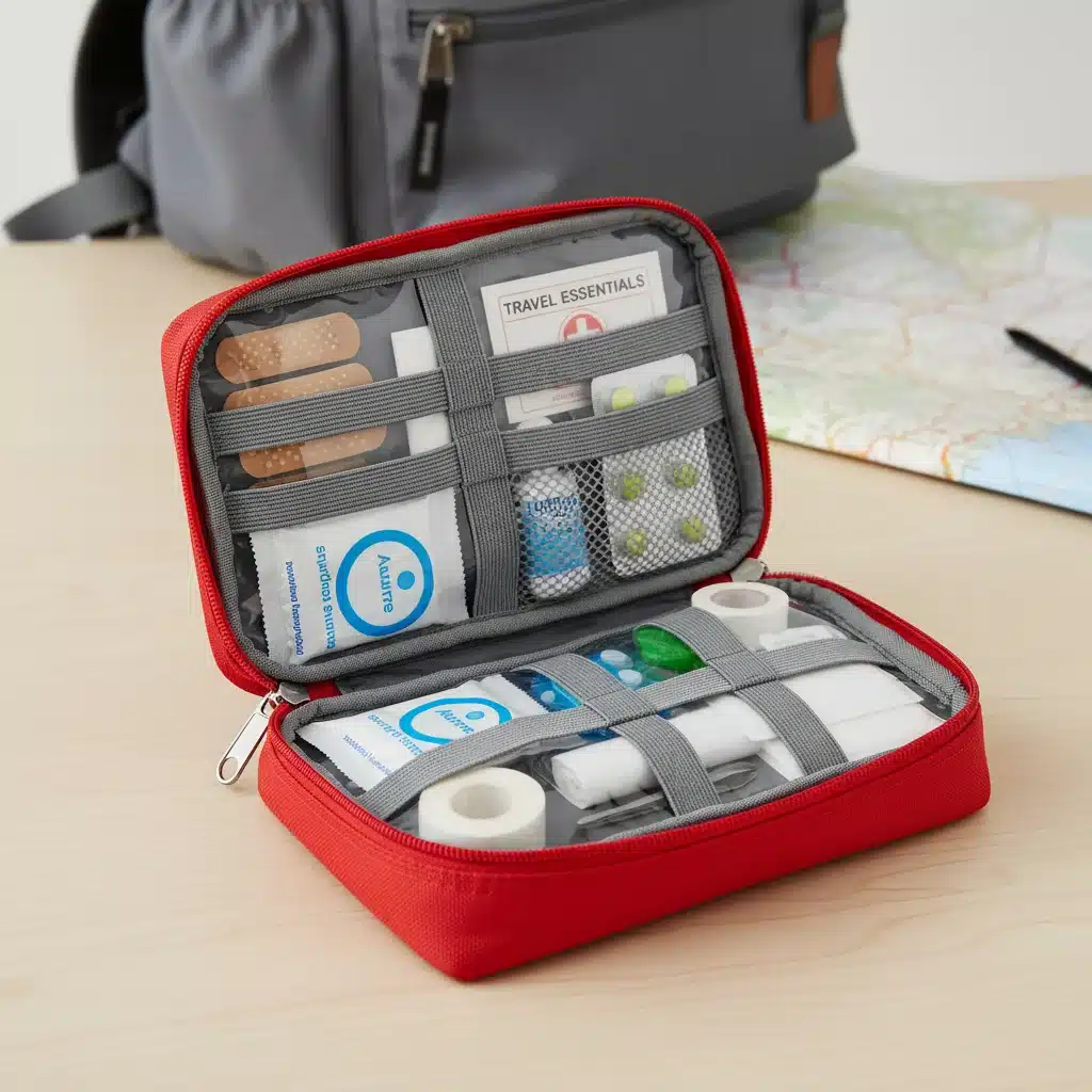 Well-organized travel first-aid kit with essential medications and supplies.