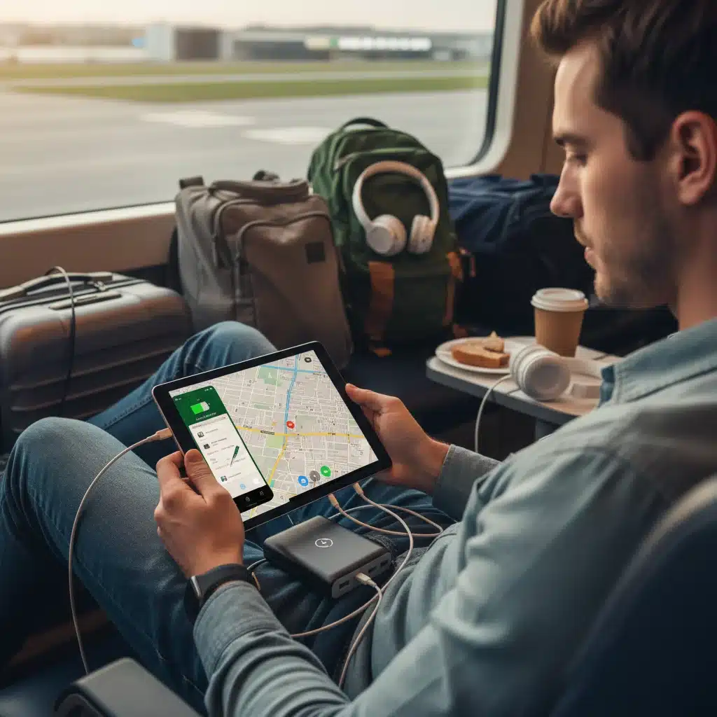 Traveler charging multiple devices with a portable power bank in an airport.