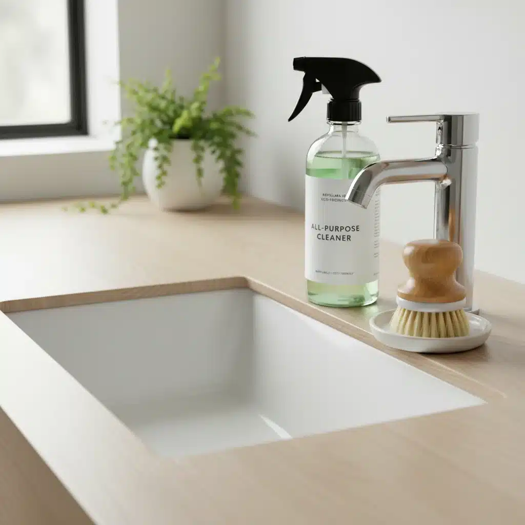 Clean bathroom sink with refillable glass cleaner bottle and bamboo scrub brush, symbolizing sustainable bathroom cleaning.